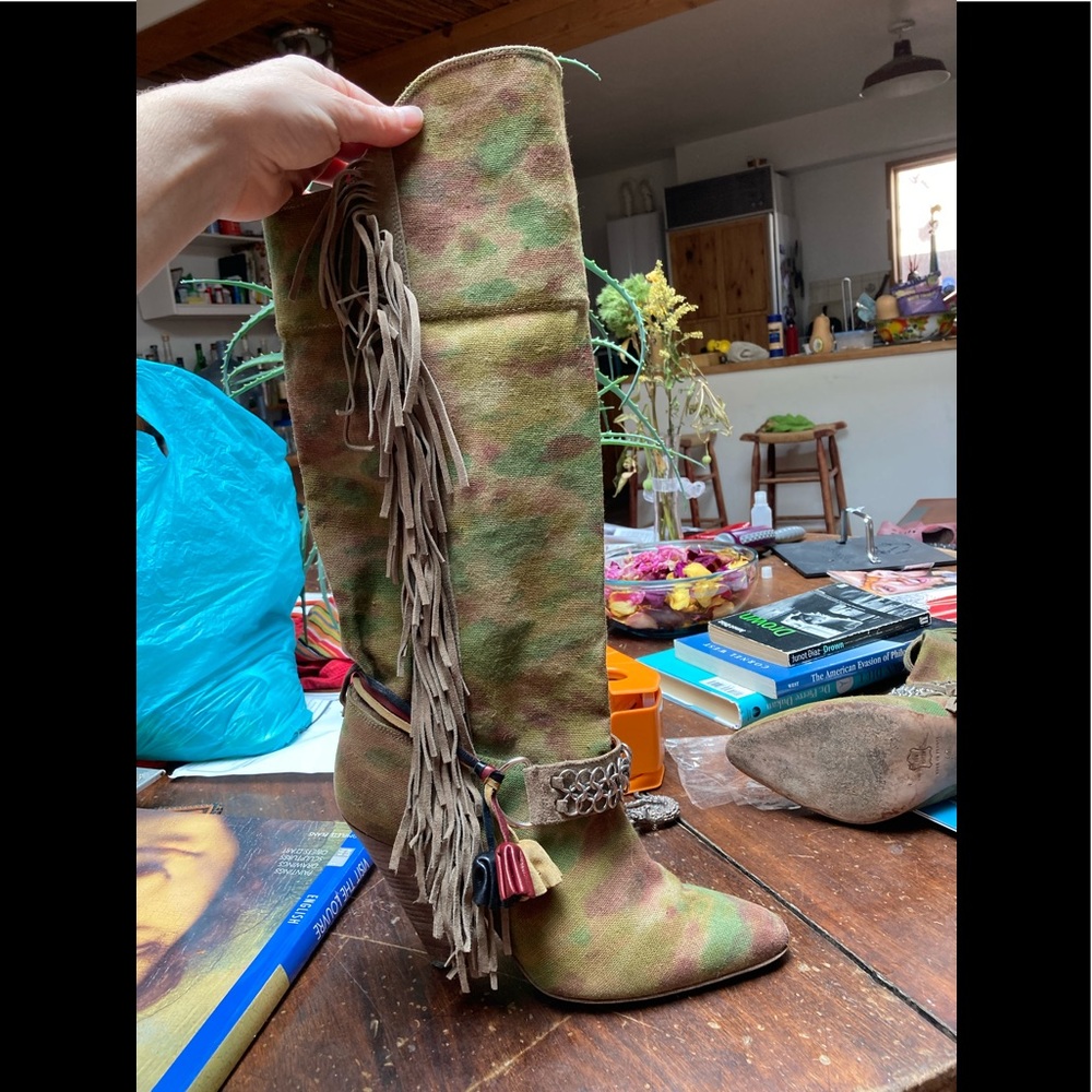 Isabel Marant knee-high fringe heels. Cammo colored. Sz 8.5